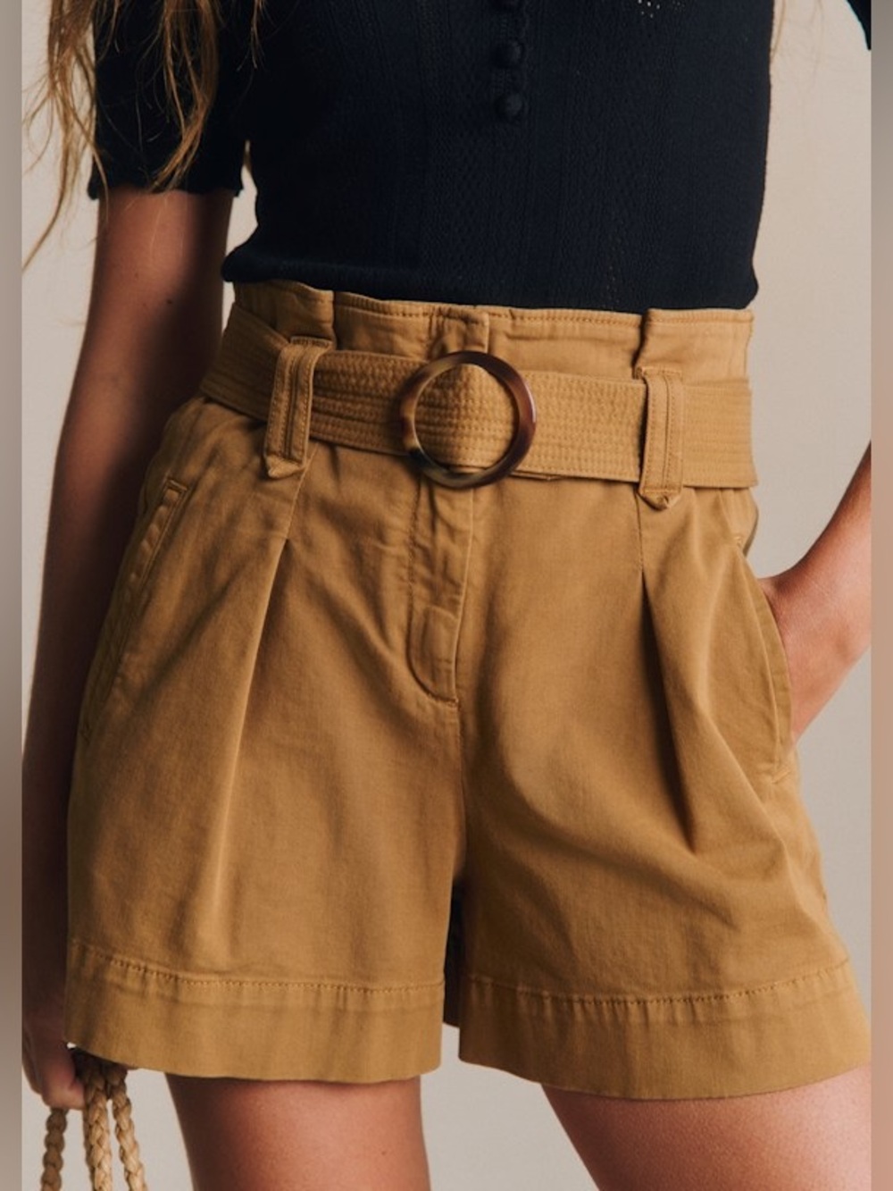 Sézane New Rome High-Waisted Belted Shorts Caramel Size 34